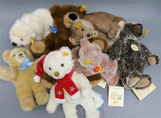 Seven Steiff yellow tag toys: 1952 Classic Jungbar, Classic Teddy, Xmas Bear, Arco Polar Bear, Molly Teddy, Floppy Bear 18 and Molly Te